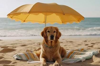 A dog laying on a blanket under an umbrella