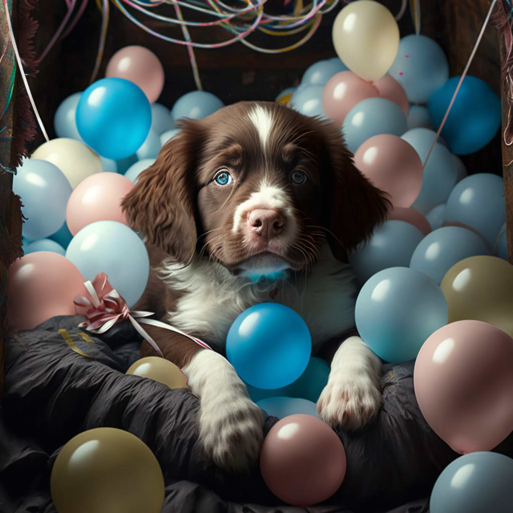  a brown and white dog sitting in a ball pit filled with balloons 