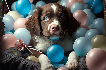 Adamdiggs a puppy in a luxurious crib with balloons and streame 2645b23d af80 4606 a90b 7d712c4aca4a