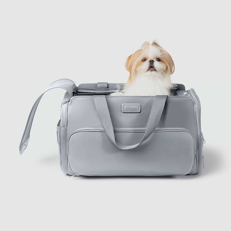 A small dog sitting inside of a gray Passenger pet carrier bag
