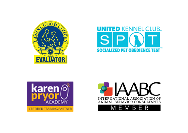 Logos from Canine Good Citizen, United Kennel Club, Karen Pryor Academy, and AABC