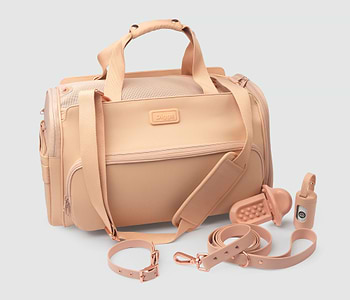  A blush Passenger pet carrier bag with a matching leash and strap 