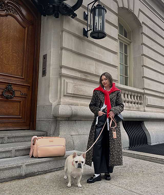  Woman with dog on leash next to Blush Passenger carrier on city steps 