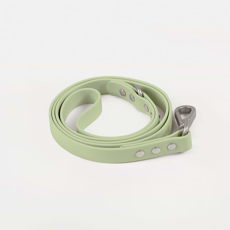 Diggs Leash in Sage (light green) color coiled on the floor showing its metal hook