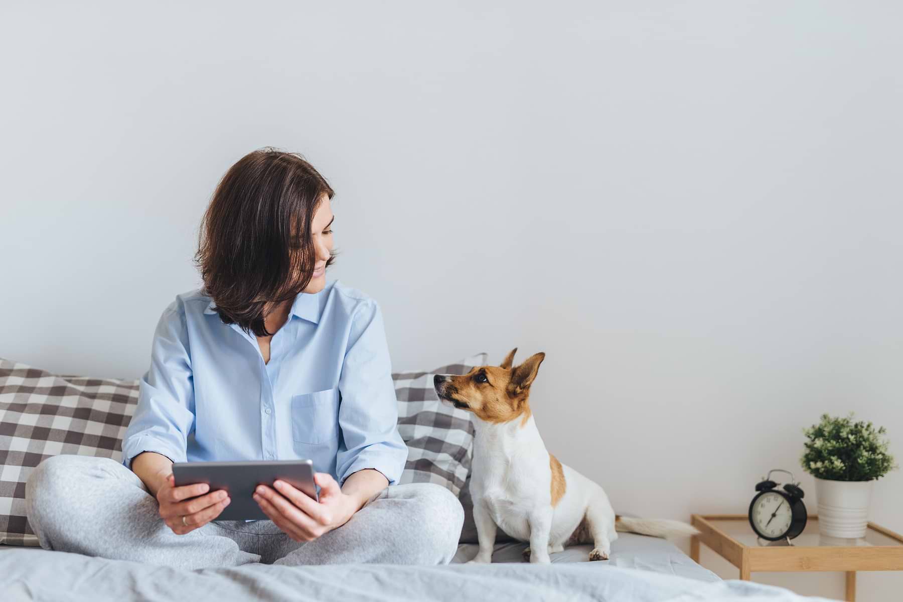 The pet owner and the dog look at each other while sitting on the bed.
 
