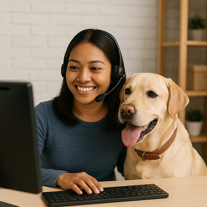  a woman sitting at her computer wearing a headset next to a yellow lab 