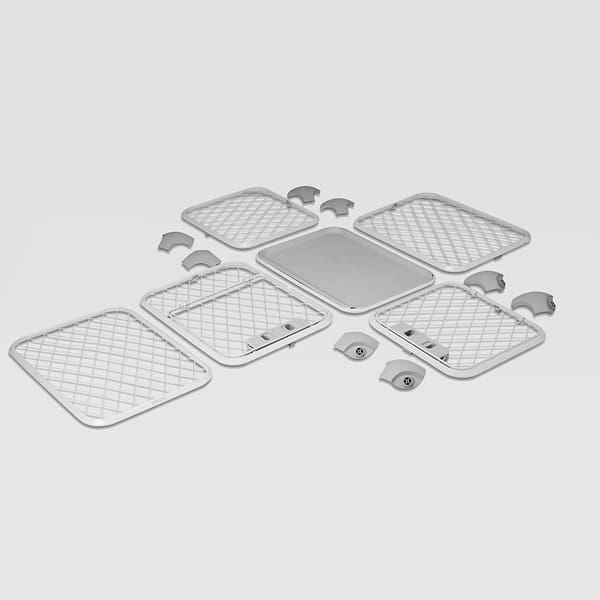 Evolv Flatlay Components of Evolv dog crate disassembled, laid out on a white floor