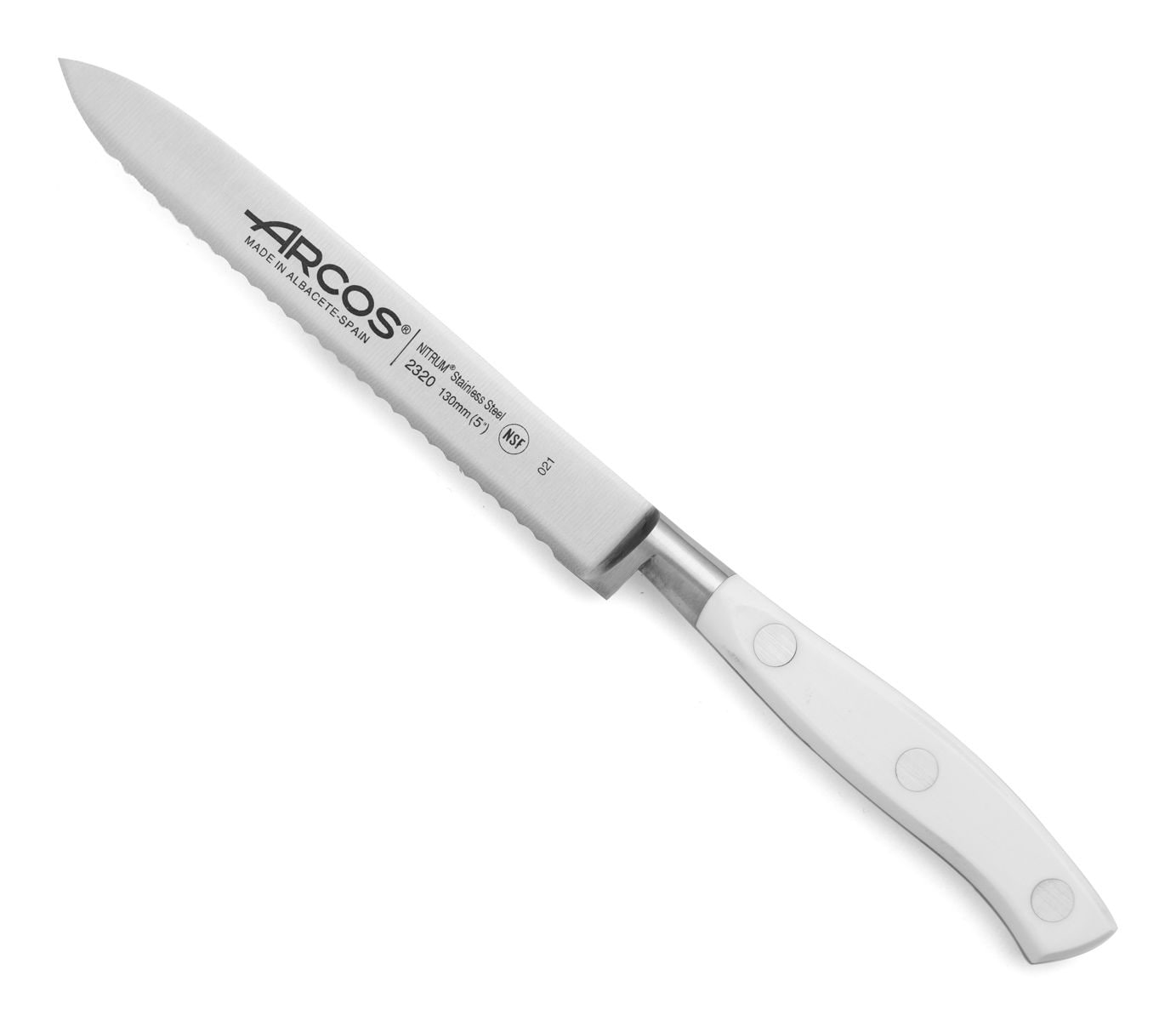 ARCOS Forged Tomato Knife Serrated 5 Inch Nitrum Stainless Steel. Micarta  Handle & Special Silk Edge and Silver Blade 130 mm blade. Series Brooklyn.