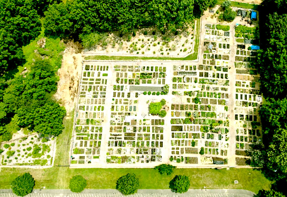 Photo above: Aerial view of the plots in the Westport Community Gardens, adjacent to Long Lots Elementary School on Hyde Lane. Below: A group portrait of the community gardeners, who represent more than 100 local households.