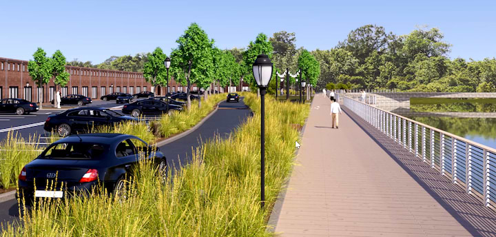 The cut-through road from Main Street to Post Road East in the Parker Harding parking lot, as depicted in this rendering, was re-established in revised plans for the project in response to many critics. It would be flanked by a riverside boardwalk.