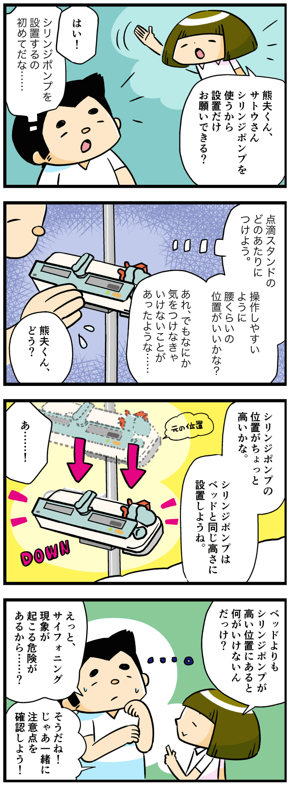 シリンジポンプ使用時の注意点、サイフォニング現象について確認するたまこ達