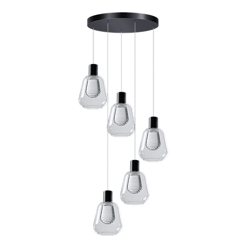 Hanglamp Gary zwart 5-lichts heldere glazen met ronde plafondplaat