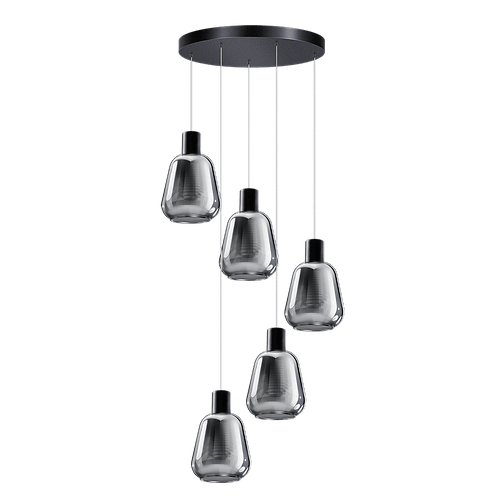 Hanglamp Gary zwart 5-lichts smoke glazen met ronde plafondplaat