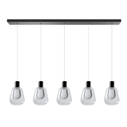 Hanglamp Gary zwart 5-lichts heldere glazen met langwerpige plafondplaat