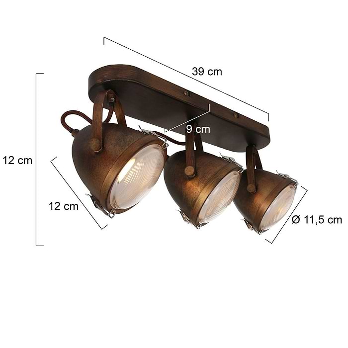 Industriële plafondlamp 3-lichts spot - bruin gevlekt - roestbruin - Paco - MEXLITE - 1314B - industrie lamp - industriële plafondlamp - landelijk - industrieel - Mexlite
