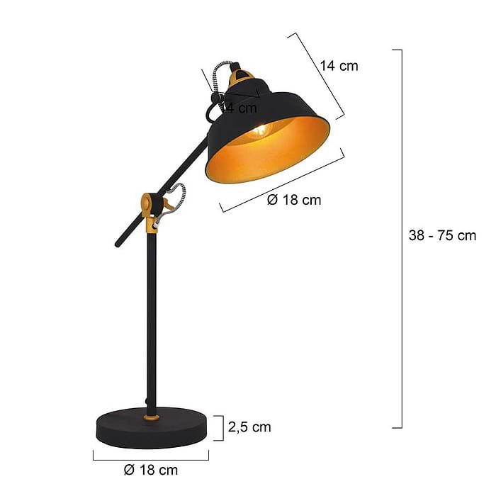 Industriële tafellamp 1-lichts metaal MEXLITE - 1321ZW - tafellamp - industrieel - bureaulamp - zwart - Mexlite