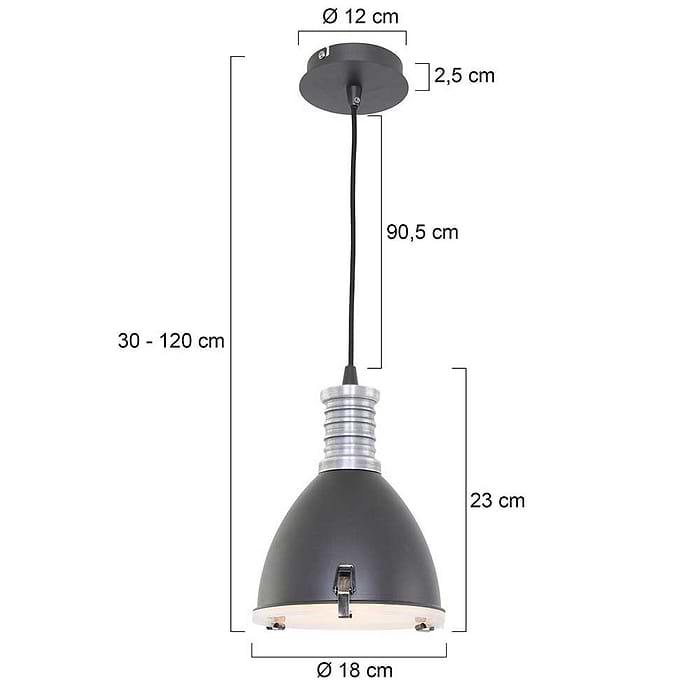 industriële hanglamp 1-lichts antique STEINHAUER - 1331ZW - Industrielamp - Industriële Hanglamp- Steinhauer- Storm- Industrieel - Stoer- Zwart  Zwart met stalen details- Metaal