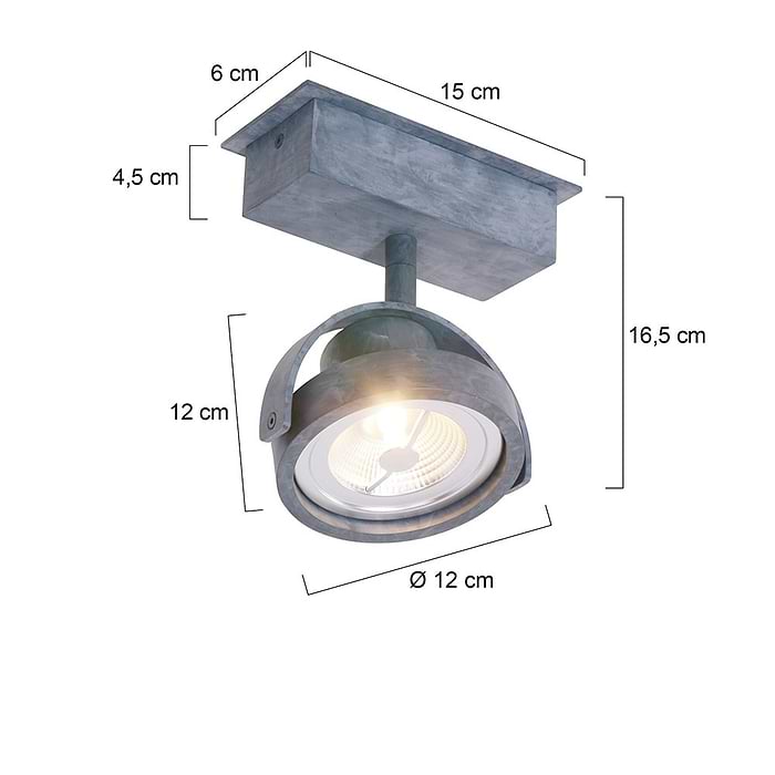 Industriële plafondspot - opbouwspot -  1-lichts LED MEXLITE - 1450GR - Spots - Plafondlamp met 1 spot - industriële spot - Mexlite - Industrieel - Stoer- Grijs  - Metaal