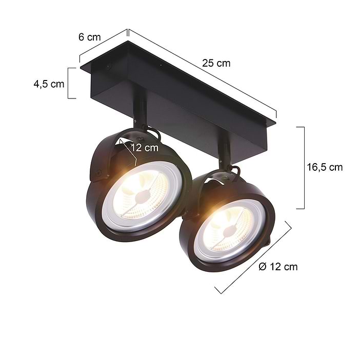 industriële plafondlamp met twee spots - opbouwspot -  LED MEXLITE - 1451ZW - Spots - Plafondlamp met 2 spots - industriële spot - Mexlite - Industrieel - Stoer- Zwart  - Metaal