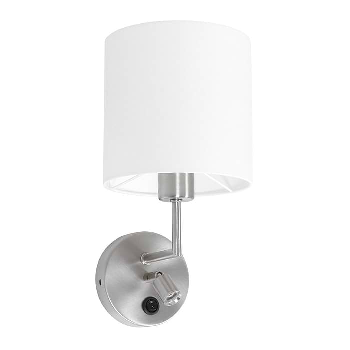 Wandlamp met LED leeslampje - staal inclusief witte linnen kap - 37 cm hoog - Noor - 1562ST - Mexlite. De lamp is te bedienen met een schakelaar op het armatuur. Het LED leeslampje is verstelbaar om het licht goed te kunnen richten.