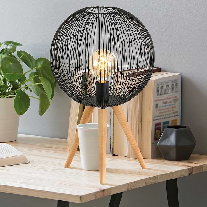 Tafellamp 1-lichts bol driepoot - zwart en hout - Spoetnik - Anne light & home