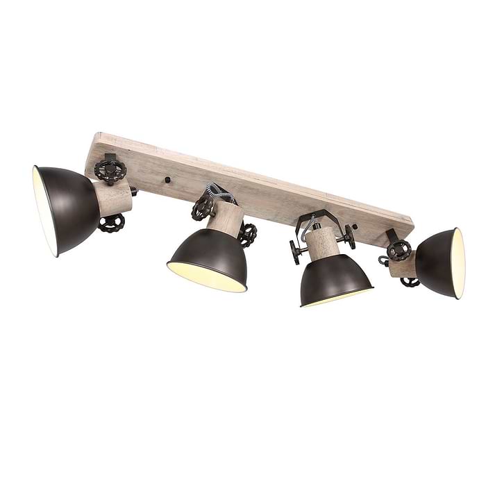 Plafondlamp - wandlamp - spot 4-lichts E27 - antraciet en hout - Gearwood - Mexlite
