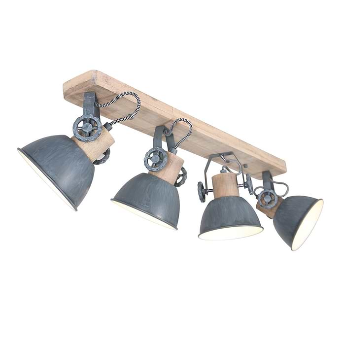 Plafondlamp - wandlamp - spot 4-lichts E27 - grijs en hout - Gearwood - Mexlite