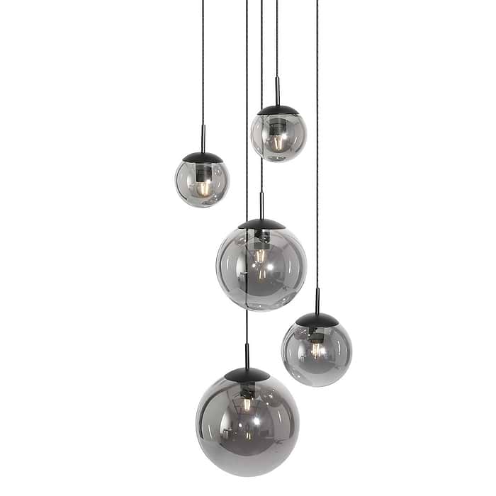 Plafondlamp 5-lichts glasbol smoke mirror - zwart en grijs - Bollique - Steinhauer