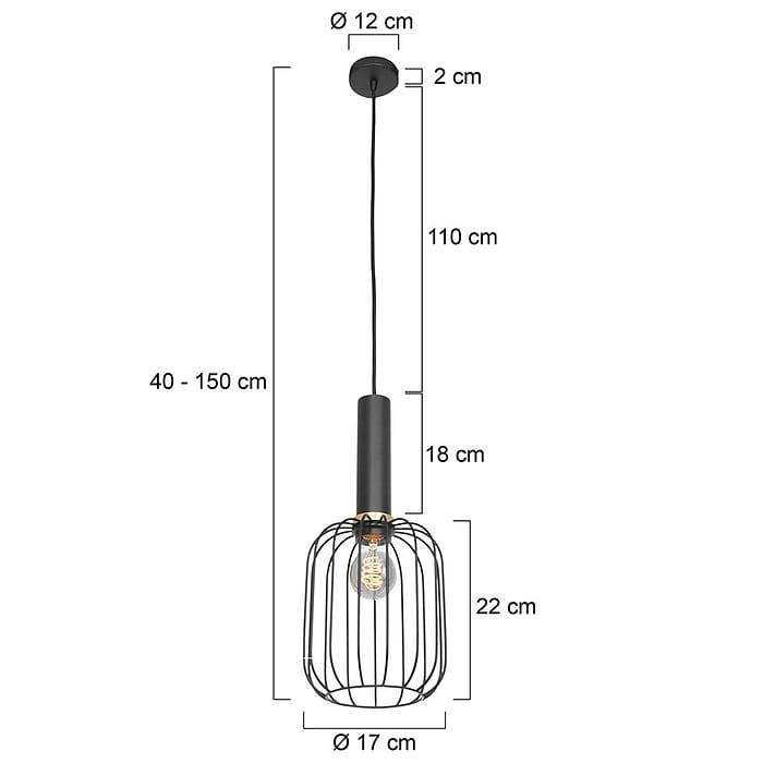 Hanglamp 1-lichts 16cm gouden ring - zwart - Aureole - Mexlite