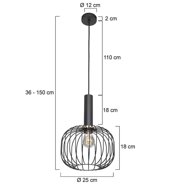 Hanglamp 1-lichts 25cm gouden ring - zwart - Aureole - Mexlite
