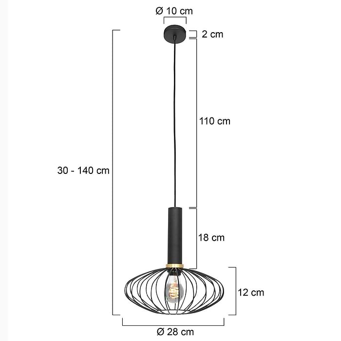 Hanglamp 1-lichts 29cm gouden ring - zwart - Aureole - Mexlite