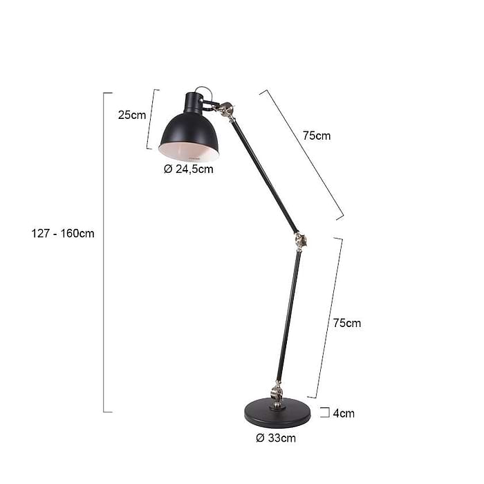 Grote industriële vloerlamp zwart 1-lichts - Reflector Xl MEXLITE - 7646ZW - Vloerlamp - industriële vloerlamp - Industrie lamp - Mexlite - Dominique - Trendy - Industriee l- Zwart - Mat zwart - Metaal