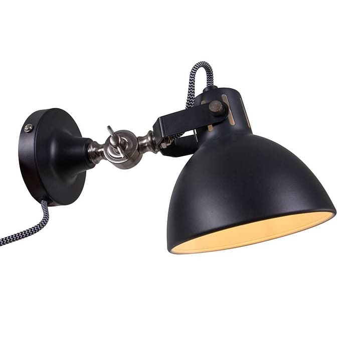 Industriële wandlamp - leeslamp - bedlamp - wandspot - 1-lichts Reflector MEXLITE - 7647ZW - Wandlamp - Mexlite- Dominique - Trendy - Industrieel - Zwart - Mat zwart - Metaal