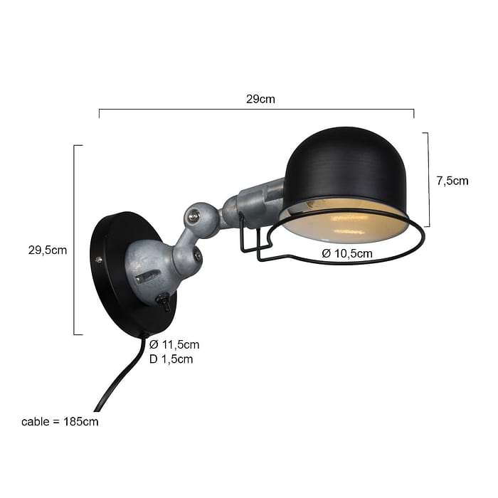 Wandlamp 1-lichts reflector - zwart en aliminium - industrieel - Davin - Mexlite