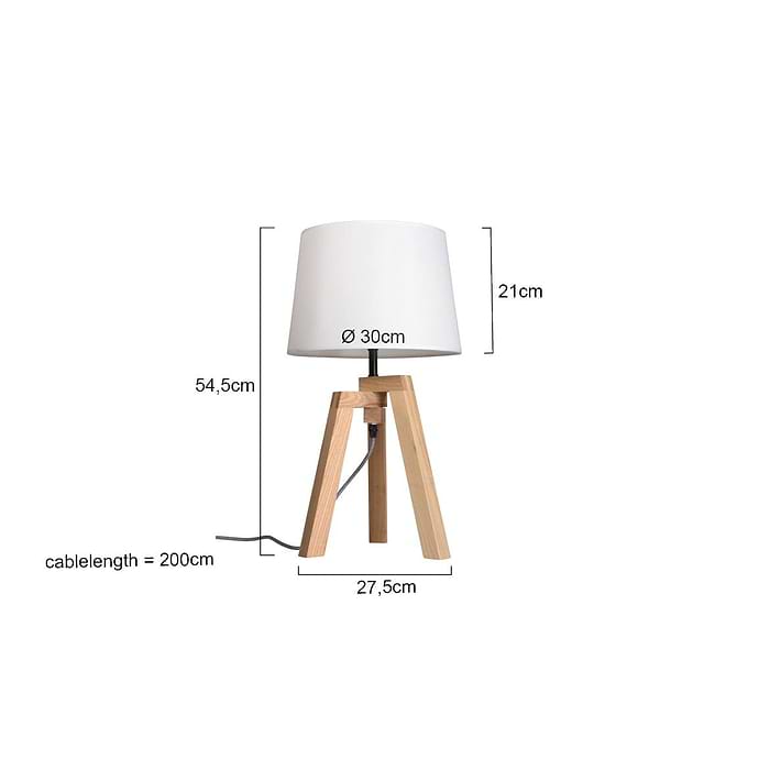 Tafellamp 1-lichts 3-poot MEXLITE - 7662BE - Tafellamp- Mexlite- Bess- Modern - Trendy- Wit Bruin Witte kap- houten frame- zwart/wit snoer- Metaal Hout