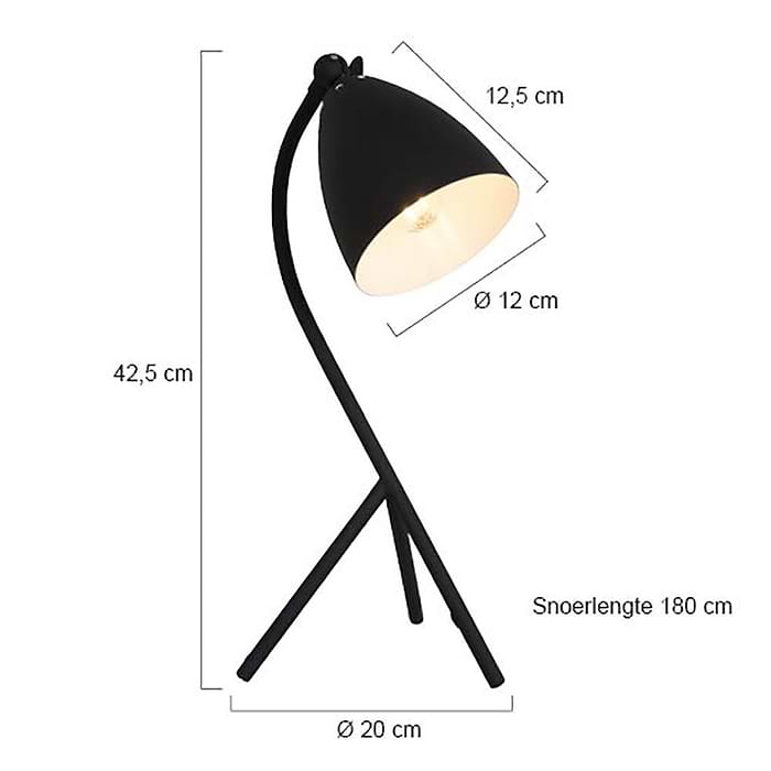 Tafellamp - bureaulamp - leeslamp - 1-lichts metaal MEXLITE - 7676ZW - Tafellamp- Bureaulamp- Mexlite- Elin- Scandinavisch - Trendy- Zwart  Zwart tafellampje met zwart/wit snoer- Metaal