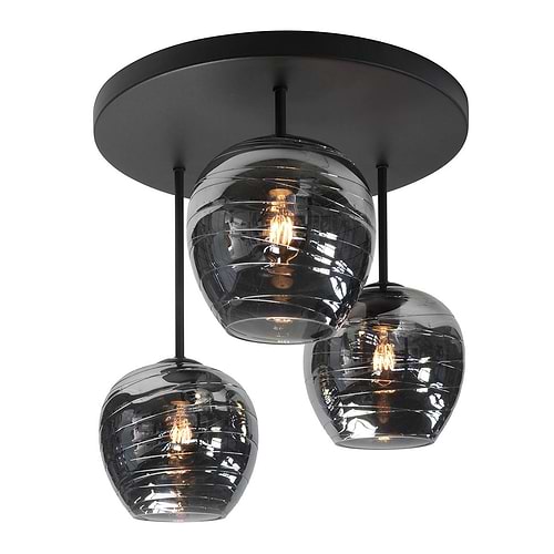 Plafonnier Fantasy 3 X E27 Mat Zwart - incl -  3 X glas Smoke - Serie Fantasy - Plafondlamp - Plafonnier - High Light - P604801 + G204019
