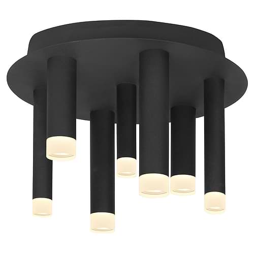 Plafondlamp Tubes 7-lichts - mat zwart rond - diameter 30 cm - hoogte 18 cm - mat zwarte dunne buizen met LED lichtbronnen - onderzijde subtiel acryl glaasje - mat zwart plafondplaat - dimbaar - HIGH LIGHT -  De mat zwarte dunne buizen hebben een doorsnede van 3