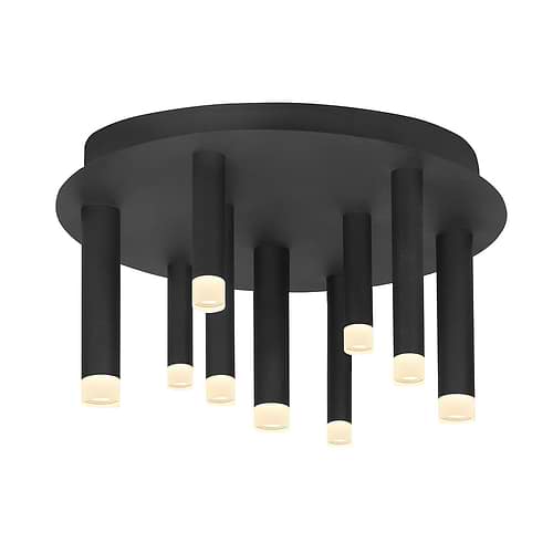 Plafondlamp Tubes 9-lichts - mat zwart rond - diameter 40 cm - hoogte 18 cm - mat zwarte dunne buizen met LED lichtbronnen - onderzijde subtiel acryl glaasje - mat zwart plafondplaat - dimbaar - HIGH LIGHT -  De mat zwarte dunne buizen hebben een doorsnede van 3