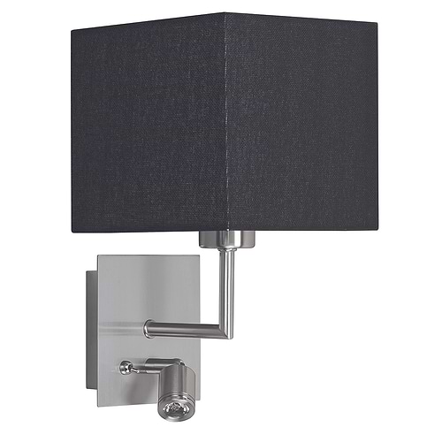 Wandlamp - leeslamp - bedlamp - Hotel E27 Nikkel-Mat + LED spot + schakelaar + kap Zwart - Serie Hotel - Wandlamp - High Light - W350701