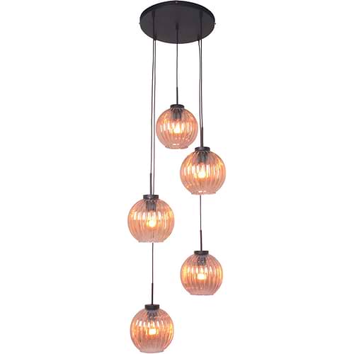 Hanglamp 'Zucca' 5-lichts Rond Zwart-Amber Glas FREELIGHT - H 8805 A