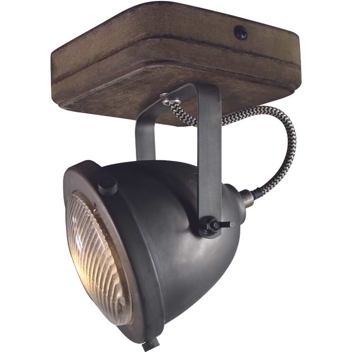 Industriële spot voor plafond en wand. Opbouwspot. 1-lichts Spot 'Woody' Zwart/hout  FREELIGHT - PL 5201 Z
