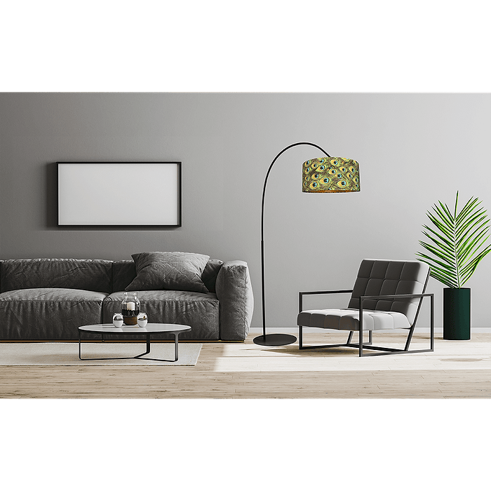 Vloerlamp Arch black - mat zwart - hoogte 183 cm - breedte 88 cm inclusief lampenkap met pauwenveren print - Artik peacock 52/52/25 cm - uit/aan schakelaar - MASTERLIGHT