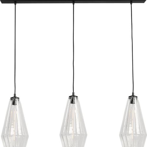 Hanglamp Diamond 3-lichts mat zwart 100x8cm - 3x glas doorzichtig Ø18x36cm - kabel zwart pvc 150cm - MASTERLIGHT