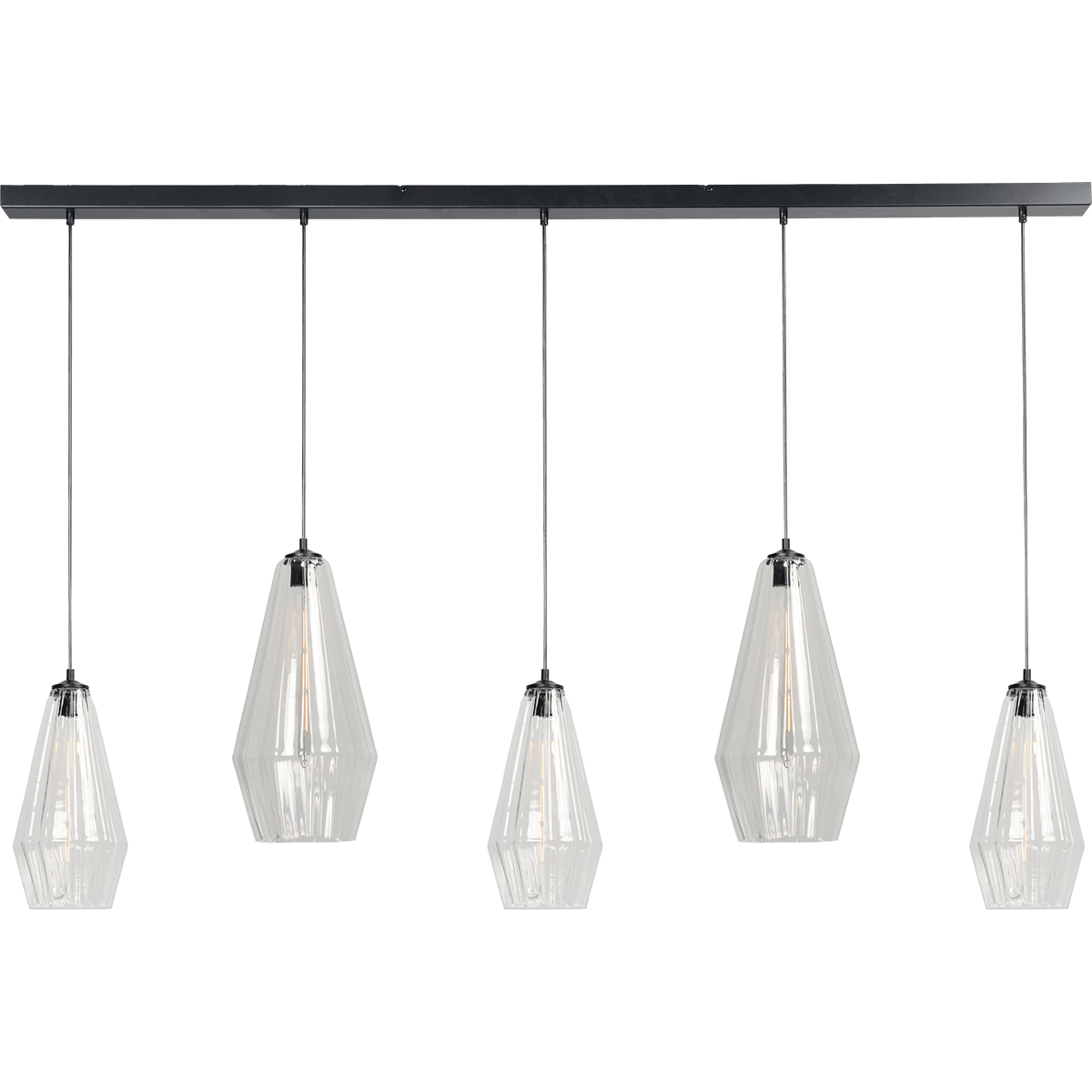 Hanglamp Diamond 5-lichts mat zwart 160x8cm - 2x glas doorzichtig 23x46cm + 3x glas doorzichtig 18x36cm - MASTERLIGHT