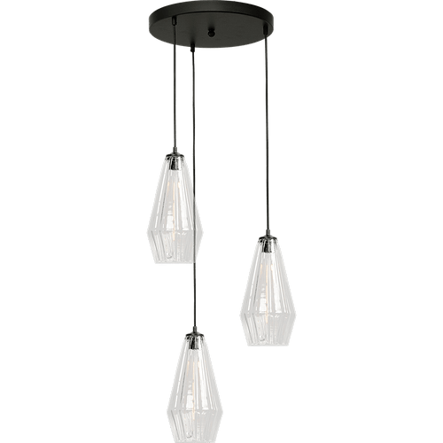 Hanglamp Diamond 3-lichts mat zwart Ø35cm - glas doorzichtig Ø18+36cm - zwarte pvc kabel 150cm - MASTERLIGHT