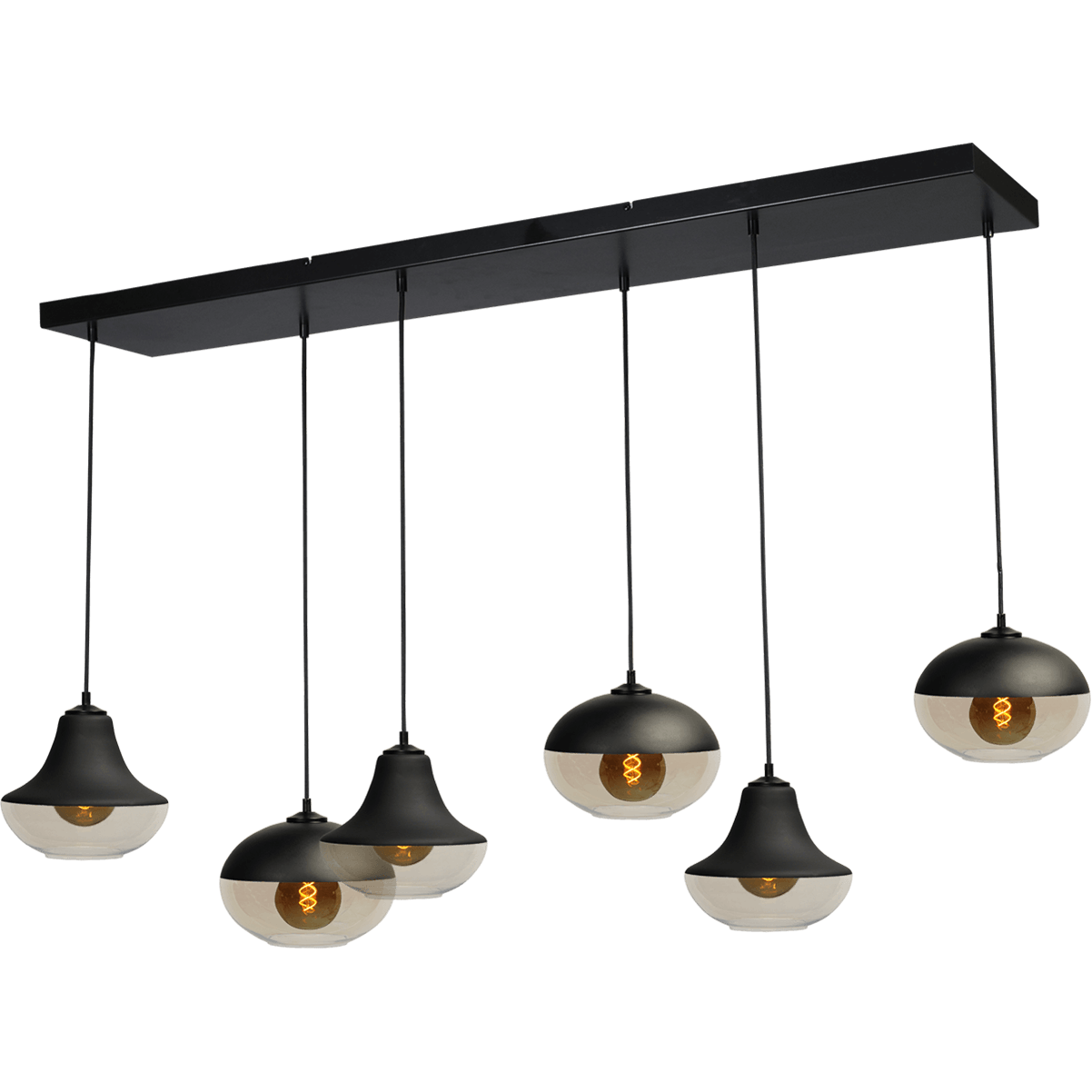 Hanglamp Opaco 6-lichts mat zwart 130x25cm zig zag 3x glas 62270-05-1 + 3x glas 62270-05-5 - MASTERLIGHT