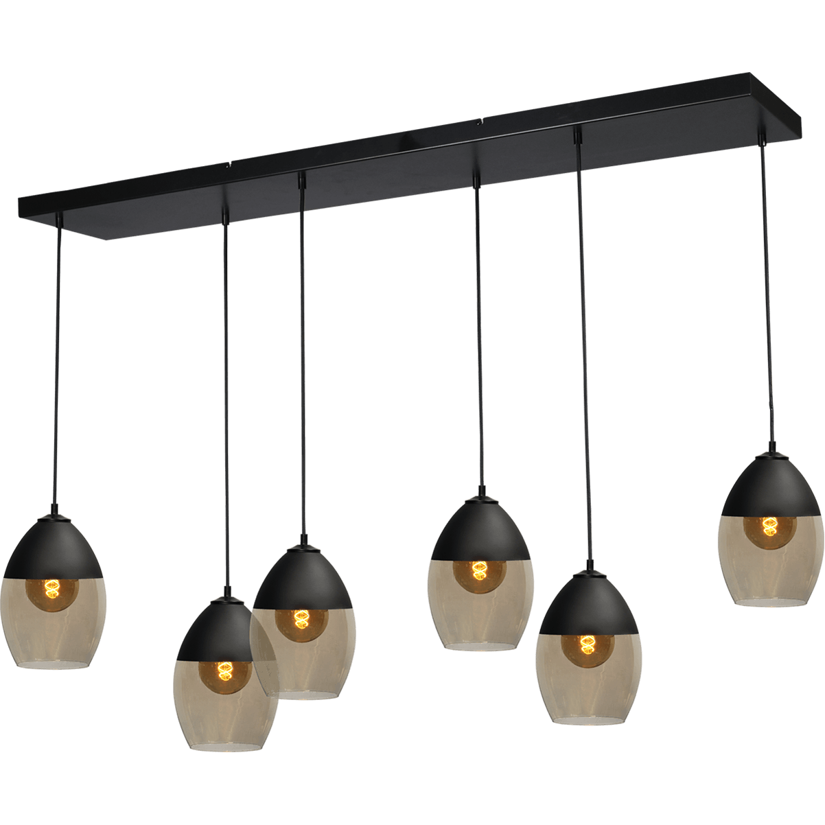 Hanglamp Opaco 6-lichts mat zwart 130x25cm 6x glas smoke Ø19x26cm - MASTERLIGHT