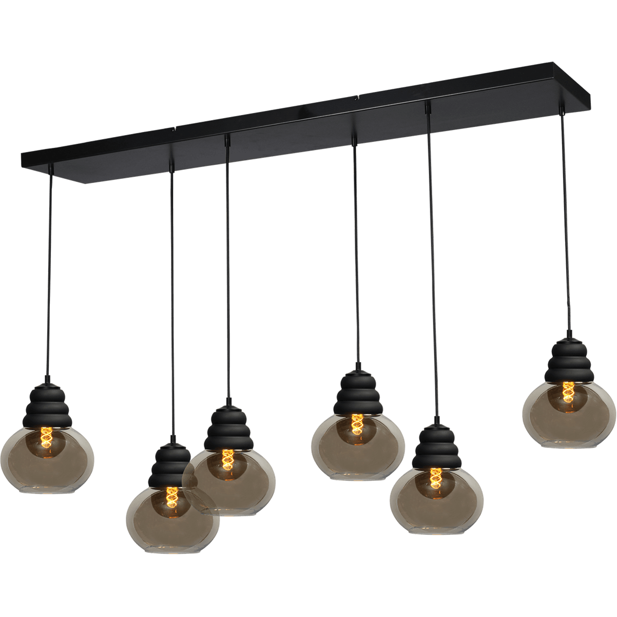 Hanglamp Opaco 6-lichts mat zwart 130x25cm 6x glas smoke Ø21x24cm - MASTERLIGHT