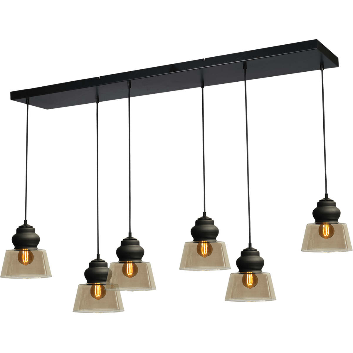 Hanglamp Opaco 6-lichts mat zwart 130x25cm 6x glas smoke Ø22x21cm - MASTERLIGHT